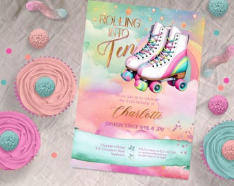 May include: A birthday invitation with a roller skate theme. The invitation features white roller skates with rainbow accents, the text "Rolling into Ten", and the name "Charlotte". Pink and blue cupcakes and candies surround the invitation.
