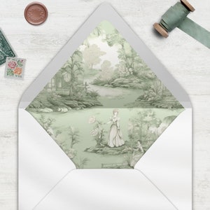Salbeigrüne Umschlagunterlage, INSTANT DOWNLOAD, Canva Template, Liberty, Französische Chinoiserie, Toile, Umschlag Liner in mehreren Größen