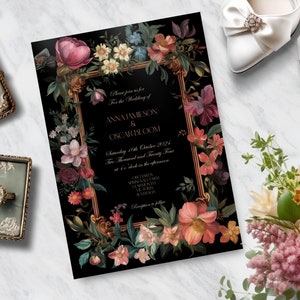 Stimmungsvolle Blumenhochzeitseinladung, dunkle Blumeneinladung, florale Hochzeitseinladung, botanische, königliche, barocke, viktorianische, klassische Einladung