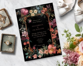 Stimmungsvolle florale Hochzeitseinladung, INSTANT DOWNLOAD, dunkle florale Einladung, botanisch, regency, barock, viktorianisch, Old English, klassische Einladung