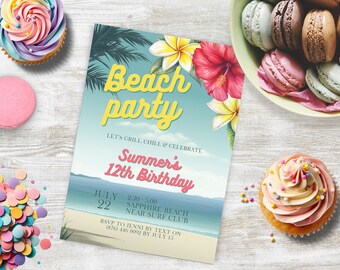 May include: A beach-themed birthday party invitation with a tropical floral design. The invitation features the text "Beach party" in yellow letters, "Summer's 12th Birthday" in pink letters, and details about the party, including the date, time, and location. RSVP information is also included.