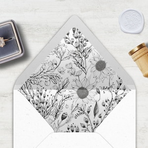 Black & White Liner, INSTANT DOWNLOAD, Canva Template, botanical, floral boho, Envelope Liner,  line drawing, multiple sizes, #MWT01