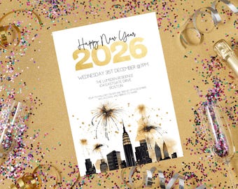 New Years Eve Party Invitation, INSTANT DOWNLOAD,  2026 New Year’s Party Invite, Gold Glitter, NYE Party, New Years Eve Evite