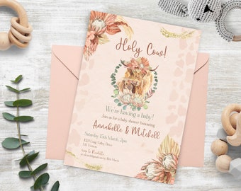 Holy Cow Baby Shower invitation INSTANT DOWNLOAD bohemian floral boho ranch theme baby shower invite canva template