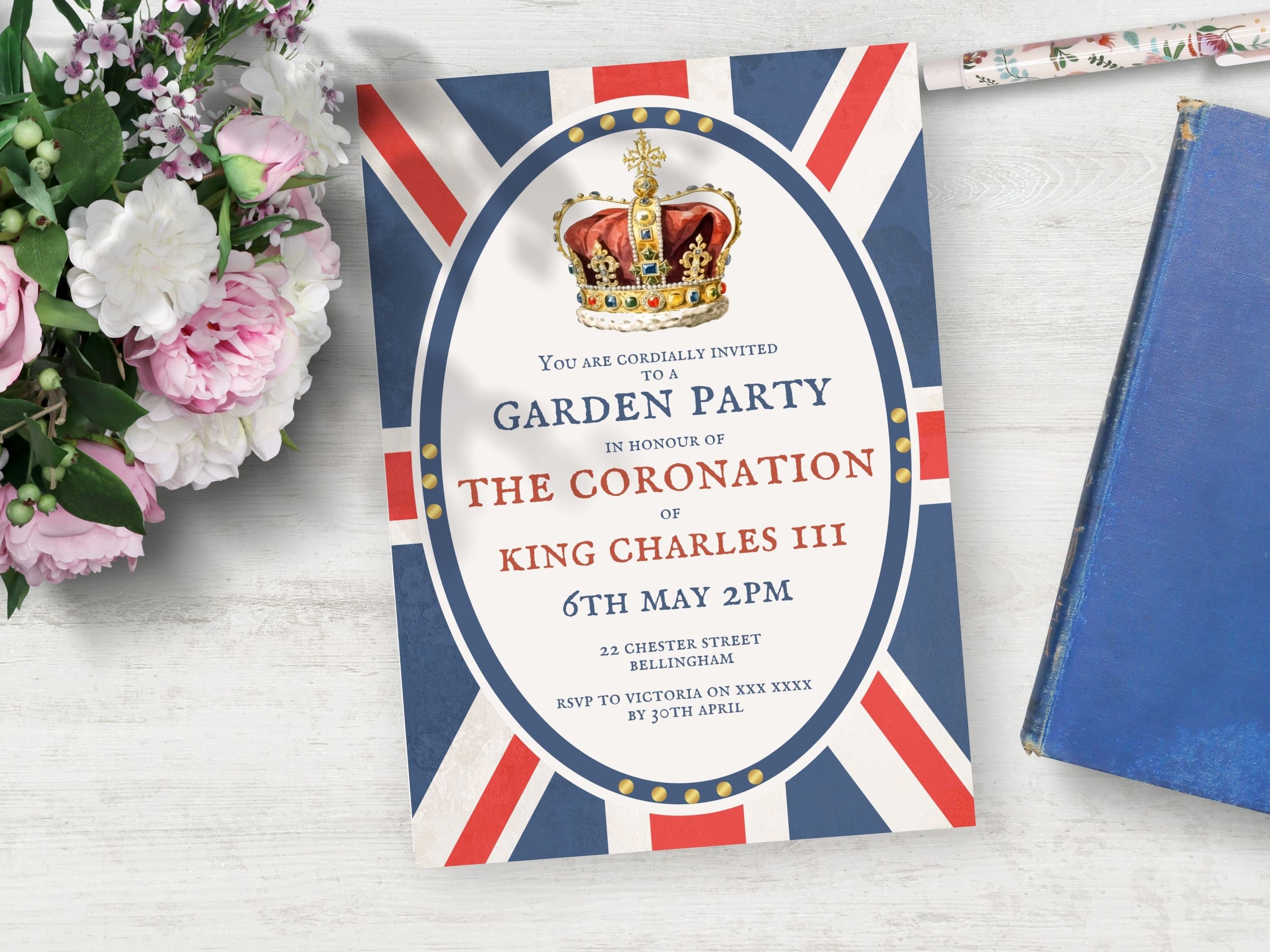 Editable Coronation Garden Party Invitation INSTANT DOWNLOAD, Invite for King Charles III Coronation May 2023 Street Party, High Tea, Canva