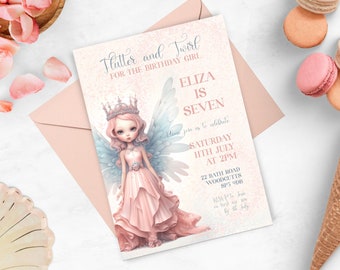 May include: A pink and blue fairy-themed birthday invitation with a glitter background. The invitation says "Flutter and Twirl for the birthday girl Eliza is Seven". It also includes the date and time of the party, "Saturday 11th July at 2PM", and the address, "22 Bath Road Woodcutts SP5 9DB".