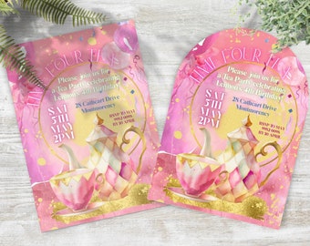 Whimsical Tea Party Invitation for any age INSTANT DOWNLOAD pink floral tea cups 4th birthday girl par-tea canva template