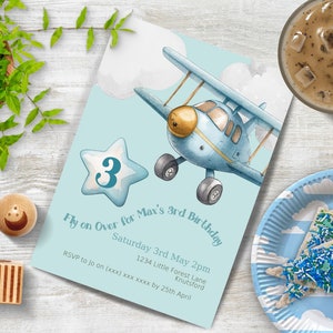 Fly on Over 3rd Birthday Invite INSTANT DOWNLOAD aeroplane party invitations for three year old boy, canva template