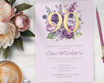 Ladies 90th Birthday Invitation, INSTANT DOWNLOAD, floral boho invite, Ladies Ninetieth invite, ladies invitation, birthday party invite