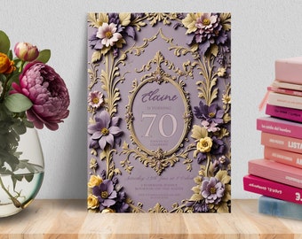 Invitación de cumpleaños victoriana, DESCARGA INSTANTE, Invitación botánica, floral, septuagésimo cumpleaños, púrpura, Vintage, Jane Austen, setenta, 70