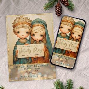 May include: An invitation and a smartphone display a charming illustration for "The Christ Church Annual Nativity Play and Christmas Party." The artwork features two figures holding a sign. The invitation includes event details.