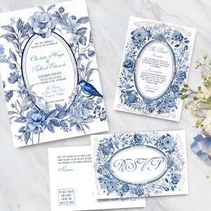 Chinoiserie Wedding Invitation, INSTANT DOWNLOAD, Blue Floral Porcelain Invite, China, French Toile, EDITABLE Printable, Delft Blue Wedding