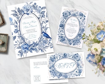Puede incluir: Invitación de boda floral azul y blanca con un pájaro azul y el texto "Están cordialmente invitados a la boda de Charlotte Hager & Richard Edwards Sábado 9 de julio de dos mil veinticuatro a las 3 de la tarde La ceremonia en la capilla Blue Lake  Recepción a continuación"