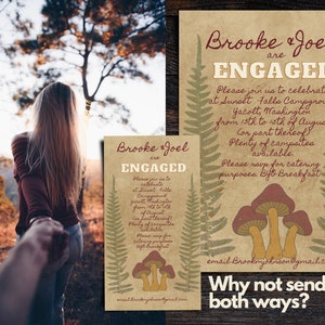 May include: A rustic brown invitation card with green fern illustrations and red mushrooms. The text reads "Brooke & Joel are ENGAGED. Please join us to celebrate at Sunset Falls Campground, Yacolt, Washington from 15th to 15th of August.  On part thereof. Plenty of campsites available. Please rsvp for catering purposes. Byo Breakfast. email Brookmjohnson@gmail.com"