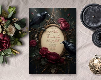 Gothic 21st Birthday Invite, INSTANT DOWNLOAD, Goth Invitation, Ravens, Roses, Thorns, Black 21st party, Dark fairytale, Victorian Gothic,