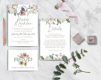 Mini Boho Wedding Bundle DESCARGA INSTANTE proteas modernas eucalipto invitación playera boho #SIENNA