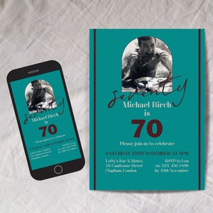 Plantilla de invitación de cumpleaños número 70, DESCARGA INSTANTE 70, arco de fotos, Fiesta de cumpleaños número 70 de los hombres, Hombre que cumple 70 años, Sorpresa 70, evite