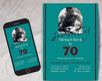 70th birthday invite template, INSTANT DOWNLOAD 70th, photo arch, Men's Seventieth Birthday Party, Man turning 70, Surprise 70th, evite