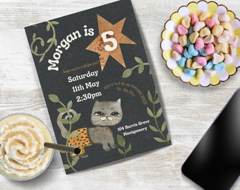 Cool Cat Birthday Invitation INSTANT DOWNLOAD 5th Birthday Boy or Girl, tween funny cats, gender neutral, any age, edit in Canva!