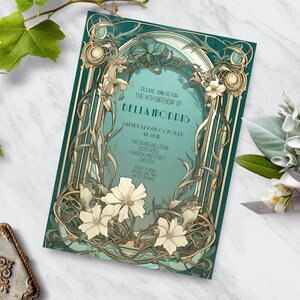 May include: An art deco style invitation with a teal green background and gold accents. The invitation features a floral design with white flowers and green leaves. The text on the invitation reads "Please join us for the 18th birthday of Bella Morris, Saturday October at 7pm, The Grand Ballroom, Ascot Hotel, Marchland Street, Chelsea."