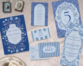 Blue Toile Wedding Invitation Bundle, INSTANT DOWNLOAD, Regency Invitation, Victorian Invite, Chinoiserie Wedding, elegant, Vintage, coastal