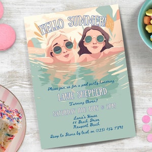 Pool Party Invite, INSTANT DOWNLOAD, Modern, Minimal, Girl&#39;s 11th Birthday Invitation, Hello Summer, Pool Party Invitation, retro party