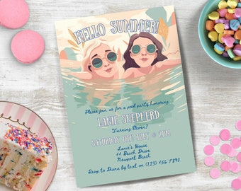 May include: A pool party invitation with the words "Hello Summer!" above an illustration of two women in sunglasses in a pool. The invitation is for Lanie Shepherd's eleventh birthday, with the date, time, and location.