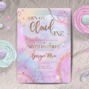 Cloud Nine party invitation, INSTANT DOWNLOAD, Girls 9th Birthday, Pastel Rainbow, clouds, glitter, gold, disco, girl 9, editable template