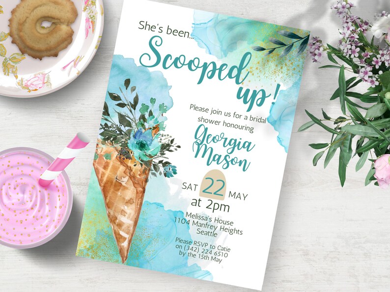 Teal Floral Scooped up Bridal Shower Invitation INSTANT DOWNLOAD Canva