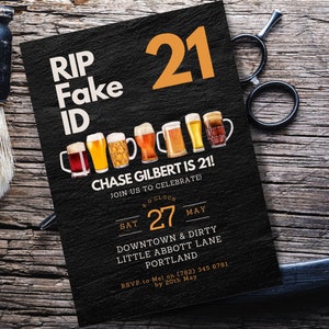 RIP fake id 21st Birthday Invitation INSTANT DOWNLOAD Canva Template Beers Cheers to 21 male party invite age can be changed