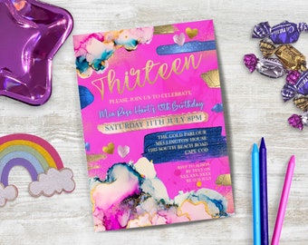 Luxury Foil & Agate Pink THIRTEENTH birthday invitation INSTANT DOWNLOAD for 13 year old girl, Pink, Gold, Painted Canva template