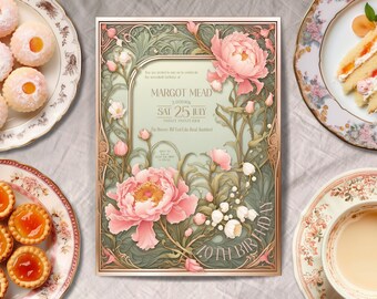 Invitación de cumpleaños victoriana, DESCARGA INSTANTÁNEA, Invitación botánica, floral, Invitación de cumpleaños número setenta, Vintage, Jane Austen, setenta, 70