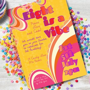 Eight is a Vibe Birthday Invitation, INSTANT DOWNLOAD, girls 8th birthday, Groovy, Retro invite, Peace Love and cake, 8th birthday party