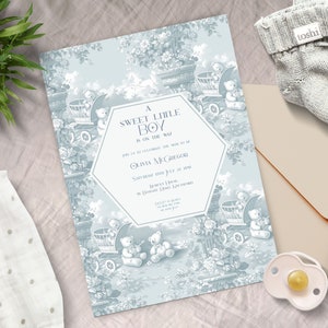 Baby Shower Invitation, INSTANT DOWNLOAD, Sweet Little Boy, toile de jouy baby shower invite, baby boy shower, baby shower, blue toile