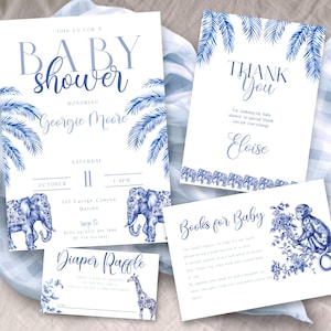 Blue Toile Safari Baby Shower Bundle, INSTANT DOWNLOAD, Vintage French All Blue , jungle chinoiserie, safari theme toile de jouy, baby boy