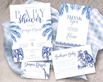 Blue Toile Safari Baby Shower Bundle, INSTANT DOWNLOAD, Vintage French All Blue , jungle chinoiserie, safari theme toile de jouy, baby boy