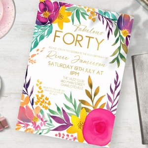 Fabulous Forty invitation, INSTANT DOWNLOAD, gold invite, Modern 40th invite, boho 40th, ladies 40th, fabulous 40, Ladies Floral Invitation