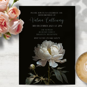 Elegant Ladies 100th Birthday invitation INSTANT DOWNLOAD moody peonies, peony, one hundred, century, party invite, edit in Canva