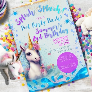Unicorn Pool Party Invitation, INSTANT DOWNLOAD, pool party, mermaid party, 2 year old birthday girl, splish splash invite, digital invite