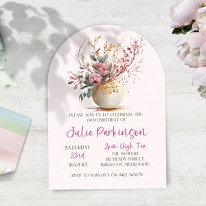 Elegant floral Ladie's 60th Birthday Invitation INSTANT DOWNLOAD Minimal, pink, gold floral roses Canva Template editable for Any Age