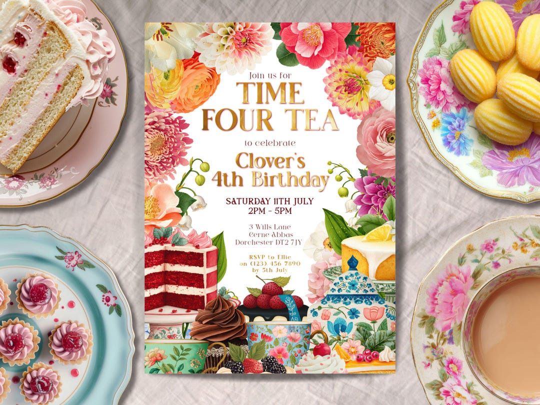Time Four Tea Invitation Time Four Tea Birthday Invitation, INSTANT DOWNLOAD, Girl 4th Birthday ...