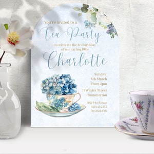 Floral Hydrangea Tea Party Invitation INSTANT DOWNLOAD for ANY age, Teacup, Flowers, Blue, edit in canva
