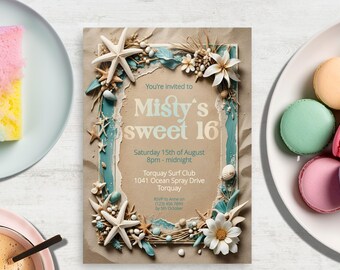 May include: A beach-themed invitation for a sweet 16 party. The invitation features a blue and white wooden frame with seashells, starfish, and flowers. The text reads "You're invited to Misty's sweet 16, Saturday 15th of August, 8pm-midnight, Torquay Surf Club, 1041 Ocean Spray Drive, Torquay, RSVP to Annie on (123) 456-7890 by 5th October."