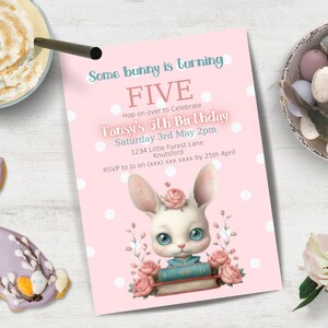 Some Bunny is Turning Five party invite INSTANT DOWNLOAD cute. chibi boho bunny rabbit ears hop on over fifth birthday invitation Canva
