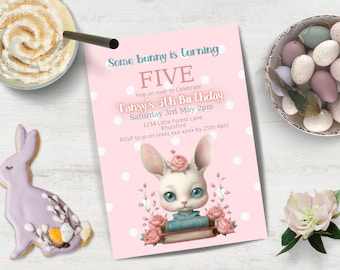 Einige Häschen drehen Fünf Party einladen INSTANT DOWNLOAD niedlich. Chibi Boho Geburtstagseinladung zum fünften Geburtstag von Canva