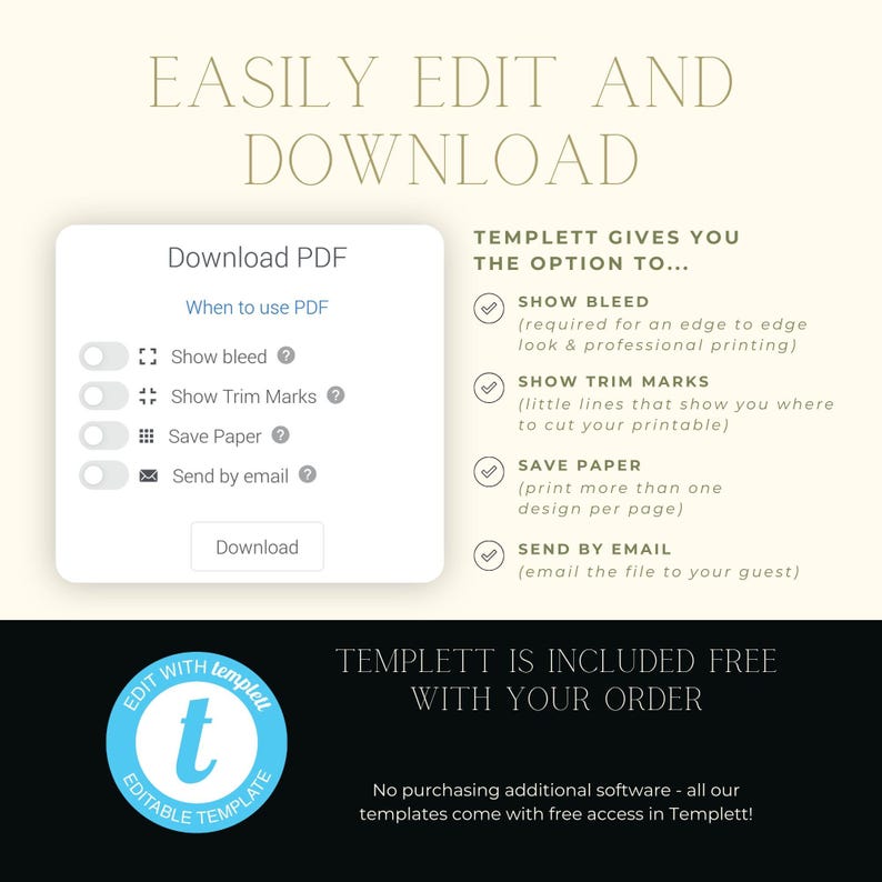 May include: A graphic showing the features of a digital template design platform called Templett. The graphic shows a white box with a blue button that says "Download PDF" and a list of options to include in the PDF download. The graphic also shows a white box with a list of features that are included with the Templett platform. The graphic includes the text "EASILY EDIT AND DOWNLOAD" and "TEMPLETT IS INCLUDED FREE WITH YOUR ORDER".