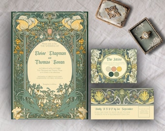 May include: A wedding invitation with an art nouveau design featuring floral motifs in shades of green, yellow, and white. The invitation text reads "Please join us for the wedding of Eloise Chapman and Thomas Bovan, Saturday 18th October, Two Thousand and Twenty Three at 4 o'clock in the afternoon, Orchards at Springvale Farm, Learmonth Victoria, Australia, Reception to follow."