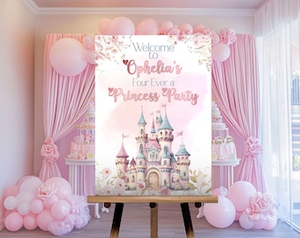 Four Ever A Princess Willkommensschild, INSTANT DOWNLOAD, druckbare Vorlage, Mädchen 4.Geburtstag, Märchenschloss, Prinzessin Party Dekor, pink