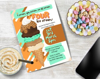 I Scream FOUR Ice Cream Boy Ice Cream Birthday Party Invitation INSTANT DOWNLOAD Here's the Scoop Birthday Party Invite Canva Template