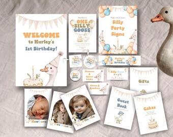 First Birthday Bundle, INSTANT DOWNLOAD, One Silly Goose bundle, Gender Neutral, Boy 1st Birthday Invitation suite, neutral tones, groovy